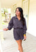 Just Go With It Romper, slate grey long sleeve romper with quarter zip detail, cinching at the waist with drawstring, and pockets