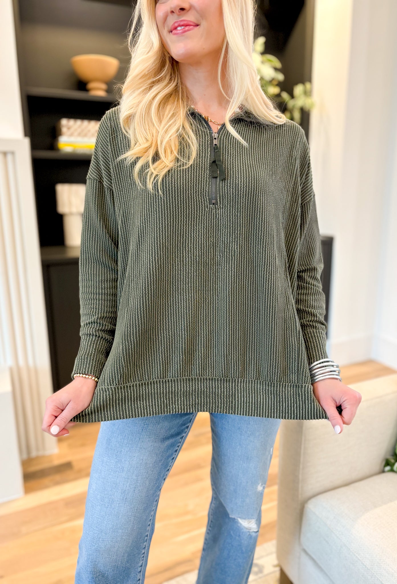 Kayla Corded Pullover in Olive, corded pullover with quarter-zip detail, Olive color  