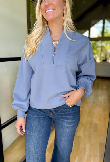 Kelsea Quarter Zip Pullover in Chambray, light blue quarter zip pullover in a scuba material 