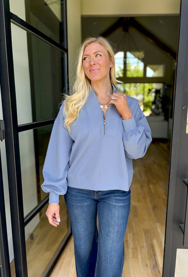 Kelsea Quarter Zip Pullover in Chambray, light blue quarter zip pullover in a scuba material 