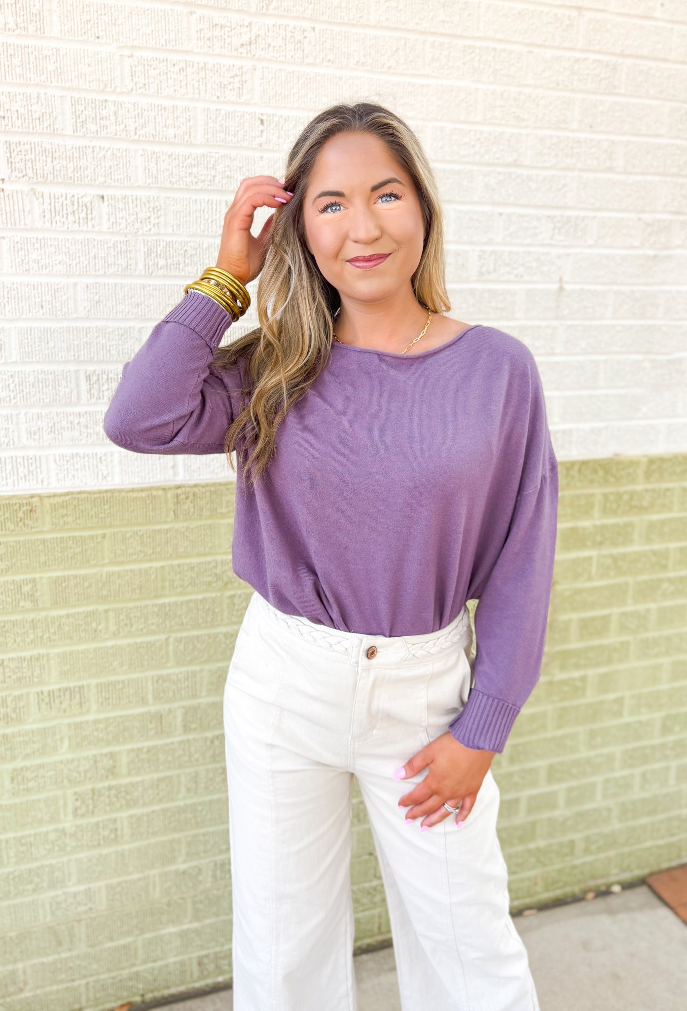 Lilly Sweater by Dreamers in Acai, washed purple soft knit sweater with wide neck line and ribbed detail on the wrists and hem 