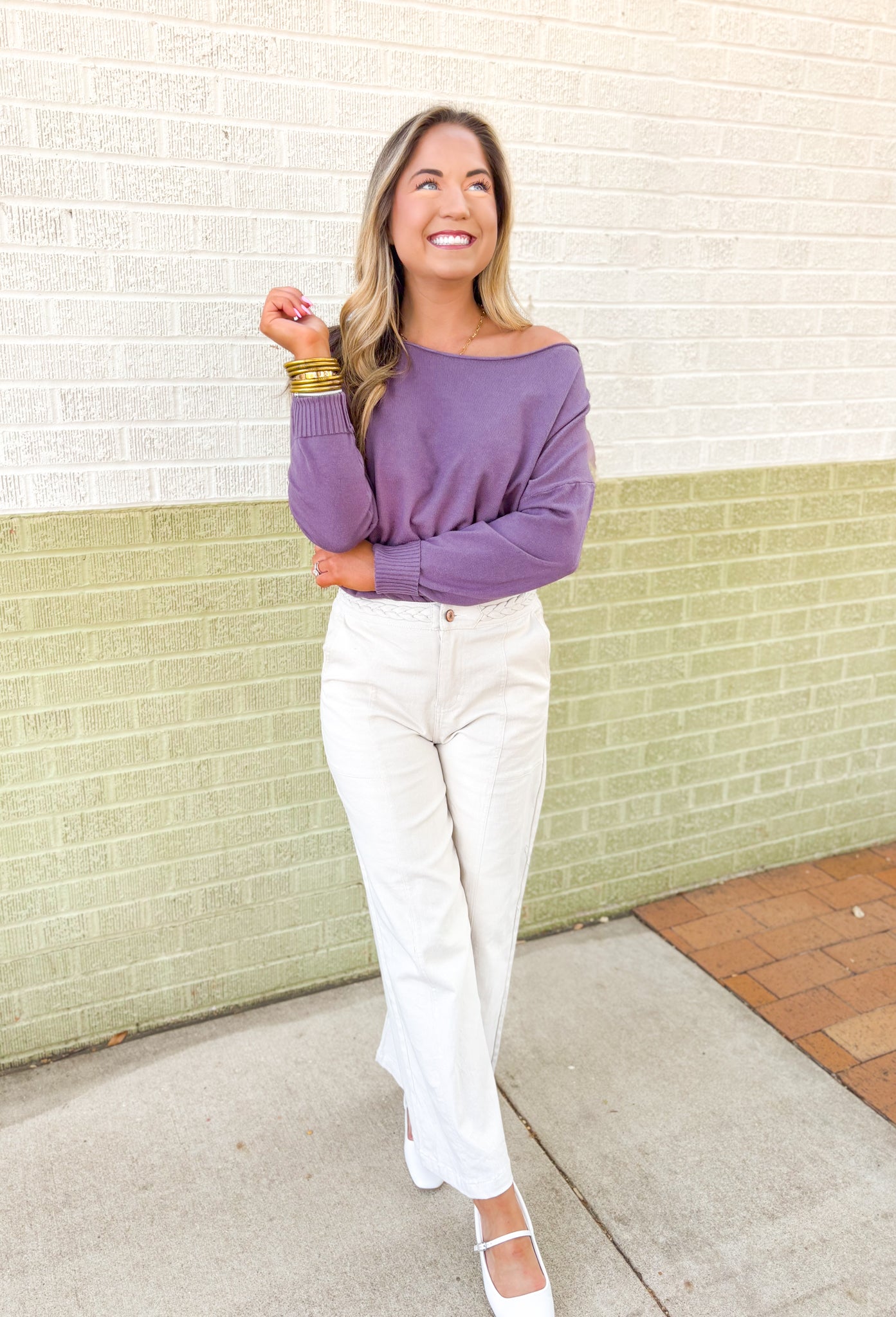 Lilly Sweater by Dreamers in Acai, washed purple soft knit sweater with wide neck line and ribbed detail on the wrists and hem 