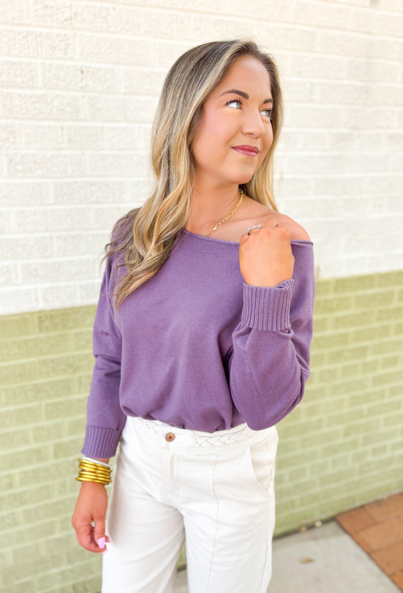 Lilly Sweater by Dreamers in Acai, washed purple soft knit sweater with wide neck line and ribbed detail on the wrists and hem 