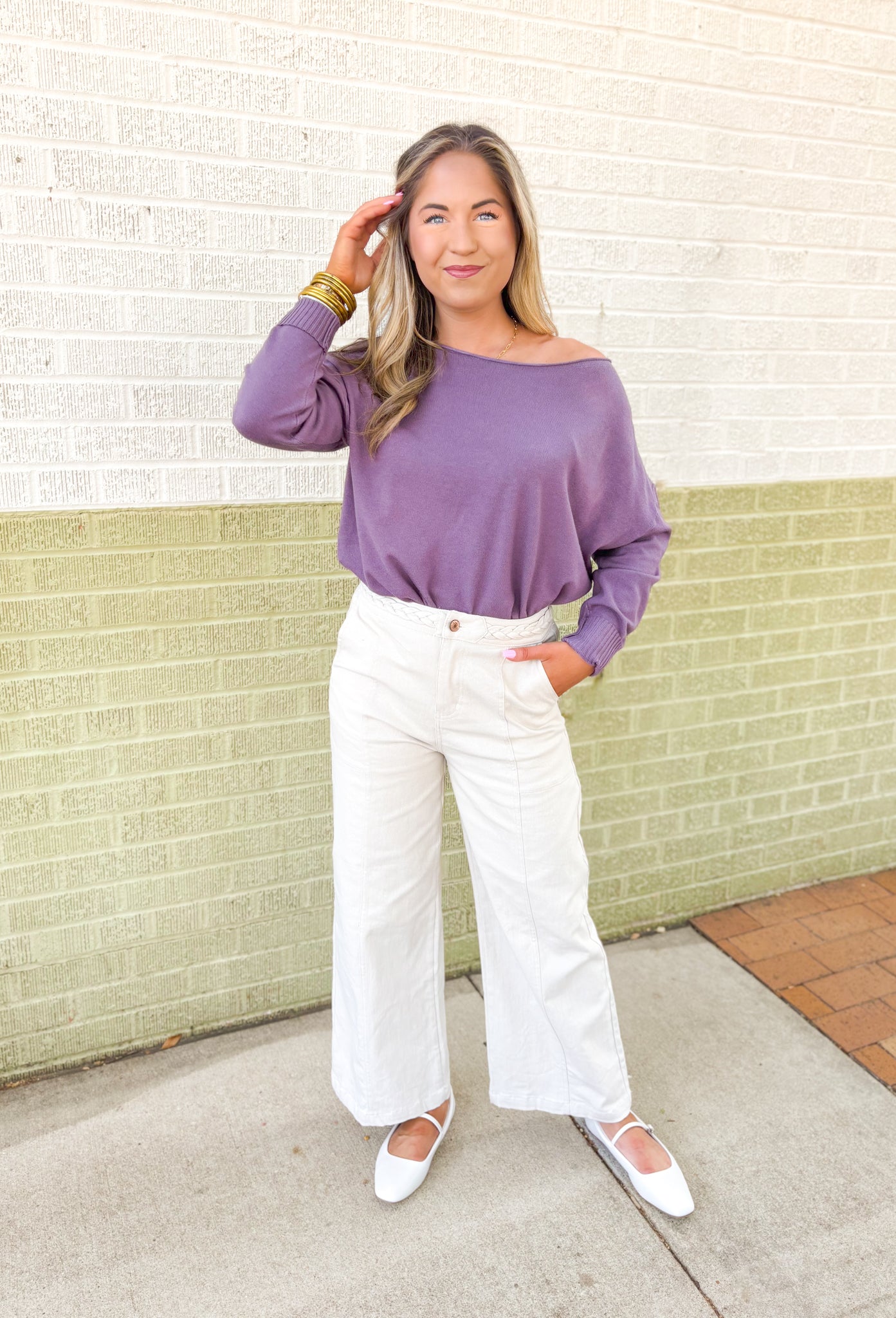 Lilly Sweater by Dreamers in Acai, washed purple soft knit sweater with wide neck line and ribbed detail on the wrists and hem 