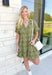 Living In The Moment Dress in Olive, short sleeve v-neck tiered dress in olive green with mesh circle peek-a-boo details across the whole dress