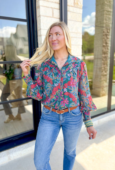 Love Affair Floral Blouse, blue green, coral red, fuchsia, mustard, light blue, and lilac palm leaf and floral print button down 