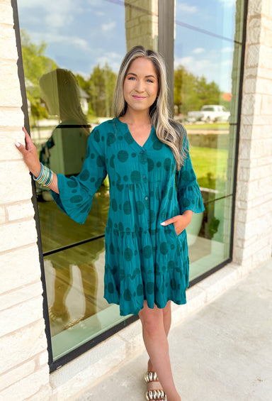 Luckiest Of All Dress, deep teal quarter length flutter sleeve mini tiered button down dress with pockets and lace polkadot details all over the dress 