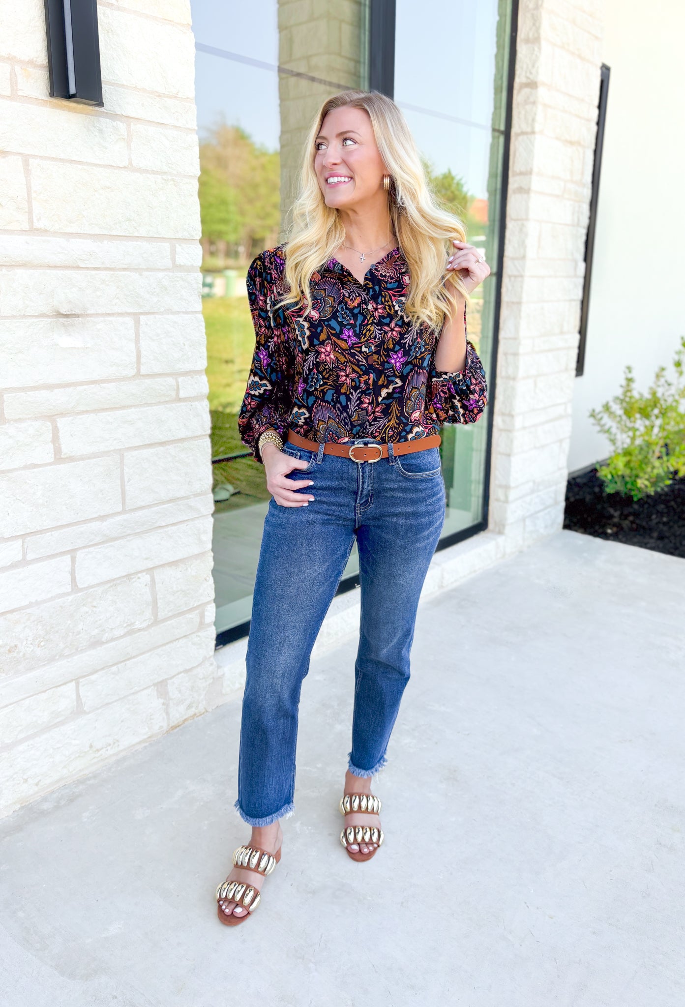 Lush Blooms Floral Blouse, black long sleeve button up blouse with coral, purple, mustard, deep teal, cream, lilac, and rose floral print 