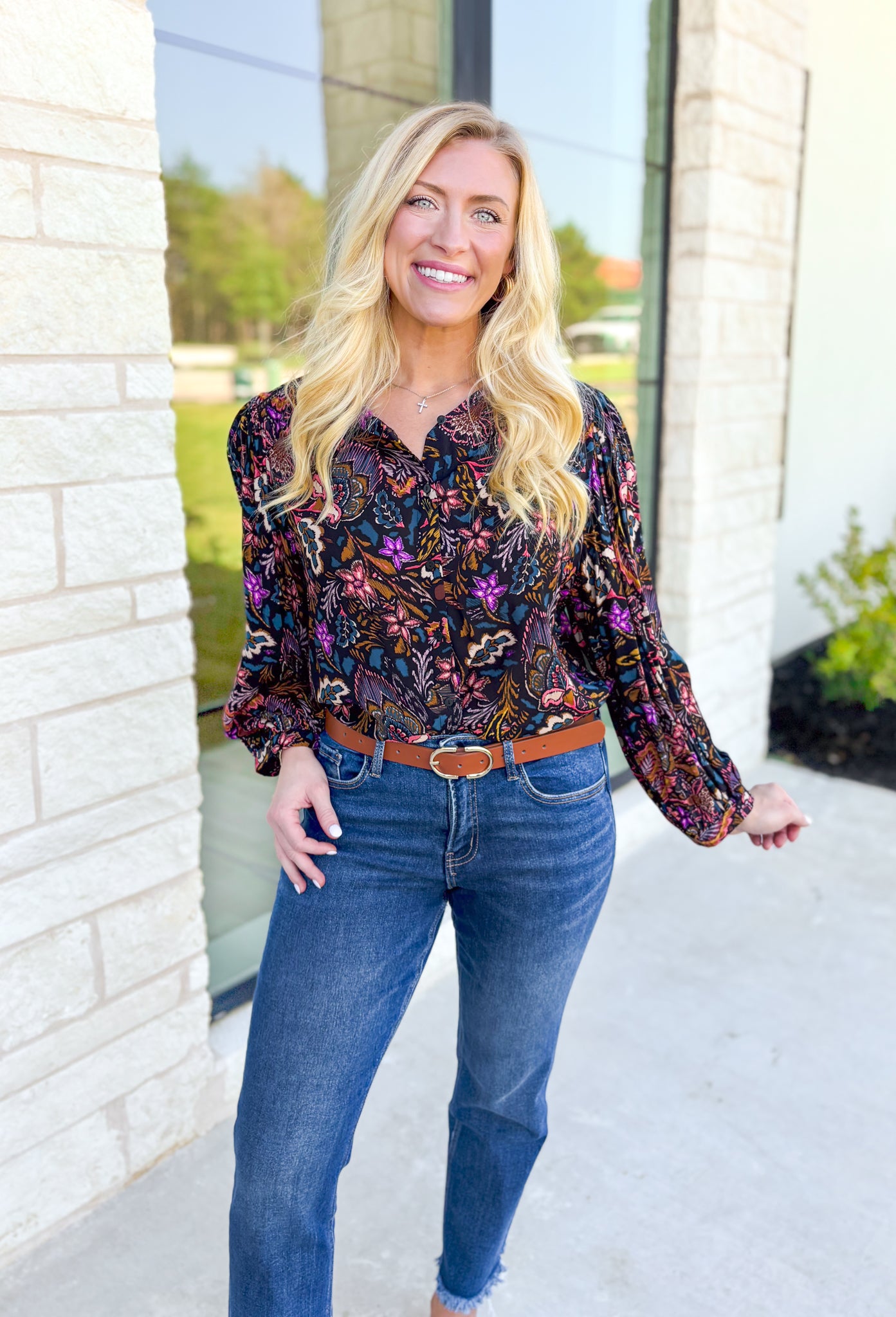 Lush Blooms Floral Blouse, black long sleeve button up blouse with coral, purple, mustard, deep teal, cream, lilac, and rose floral print 