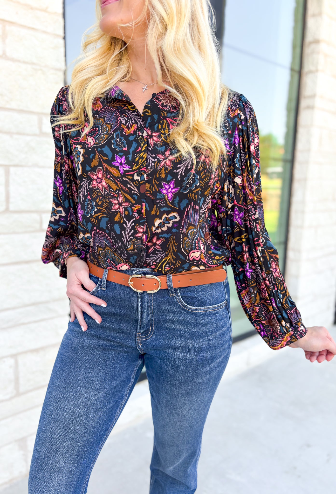 Lush Blooms Floral Blouse, black long sleeve button up blouse with coral, purple, mustard, deep teal, cream, lilac, and rose floral print 