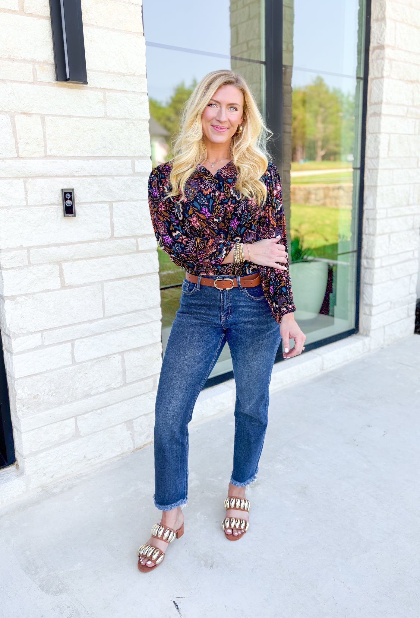 Lush Blooms Floral Blouse, black long sleeve button up blouse with coral, purple, mustard, deep teal, cream, lilac, and rose floral print 