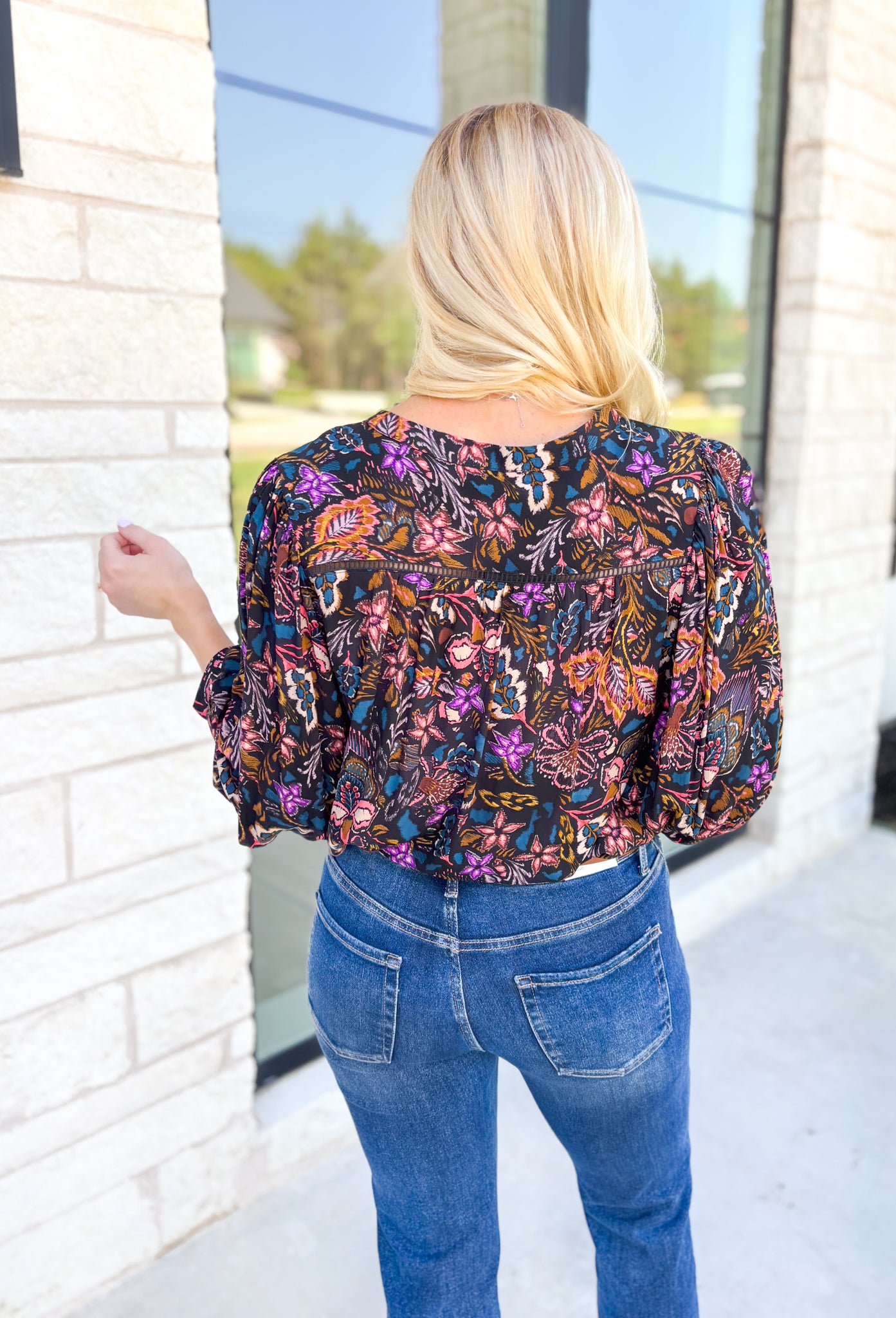 Lush Blooms Floral Blouse, black long sleeve button up blouse with coral, purple, mustard, deep teal, cream, lilac, and rose floral print 