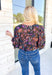 Lush Blooms Floral Blouse, black long sleeve button up blouse with coral, purple, mustard, deep teal, cream, lilac, and rose floral print 