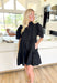 Make It Count Dress, black babydoll mini dress with lace sleeves and chest, quarter button down detail as well as a collar 