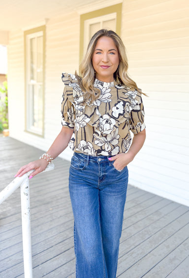 Make It Known Floral Blouse, tan, cream, and black floral blouse, modest neck line, puff sleeves, and ruffling in a v pattern down the chest