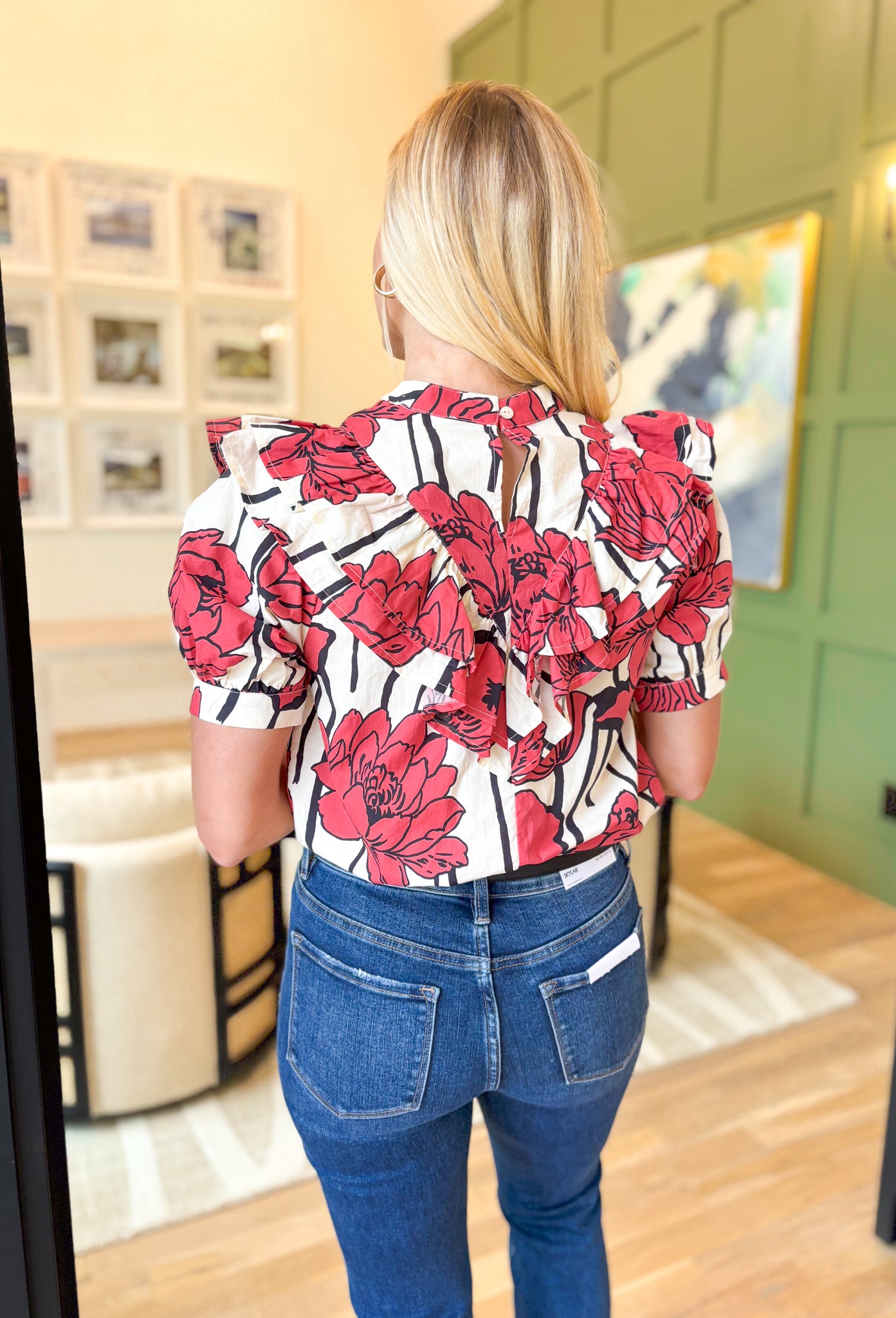 Make It Known Floral Blouse in Red, red, off white, and black floral blouse, modest neck line, puff sleeves, and ruffling in a v pattern down the chest