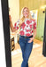 Make It Known Floral Blouse in Red, red, off white, and black floral blouse, modest neck line, puff sleeves, and ruffling in a v pattern down the chest