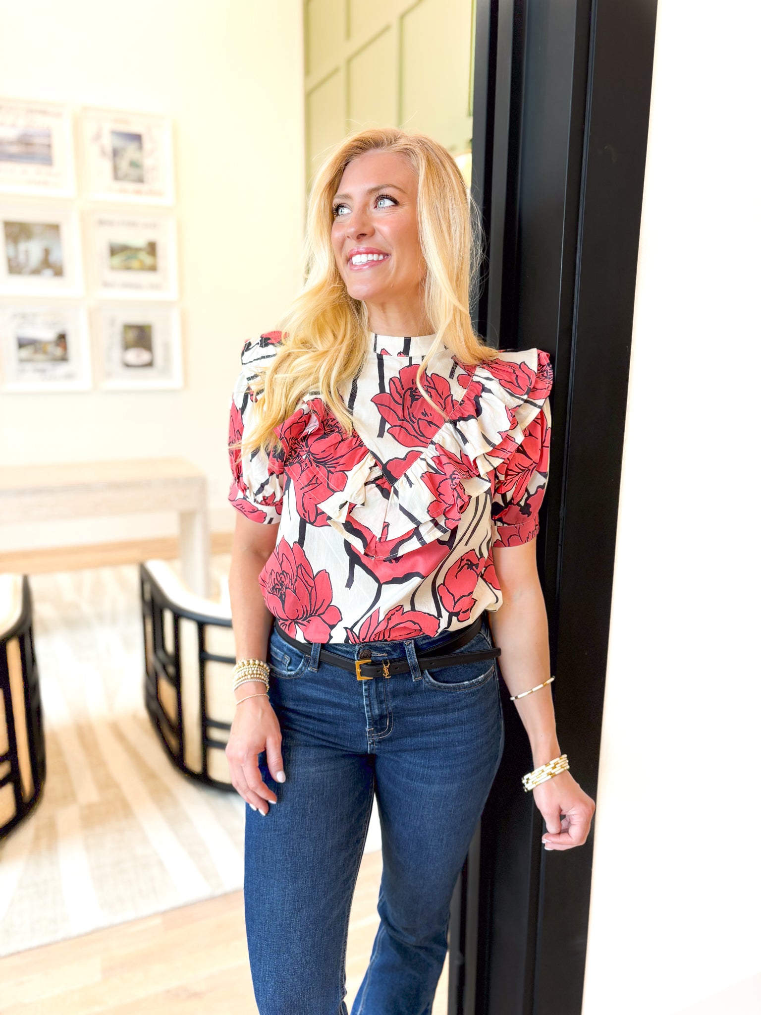 Make It Known Floral Blouse in Red, red, off white, and black floral blouse, modest neck line, puff sleeves, and ruffling in a v pattern down the chest