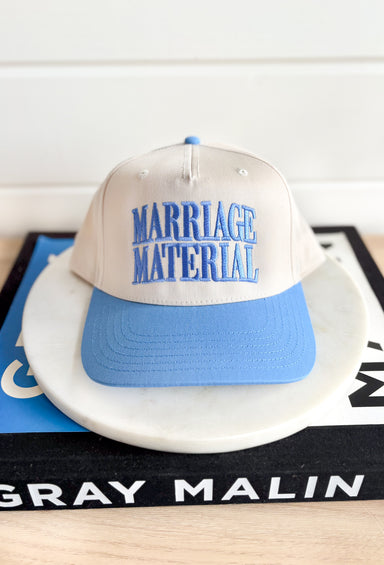 Marriage Material Trucker Hat, bone and light blue trucker hat with light blue embroidery " marriage material" 