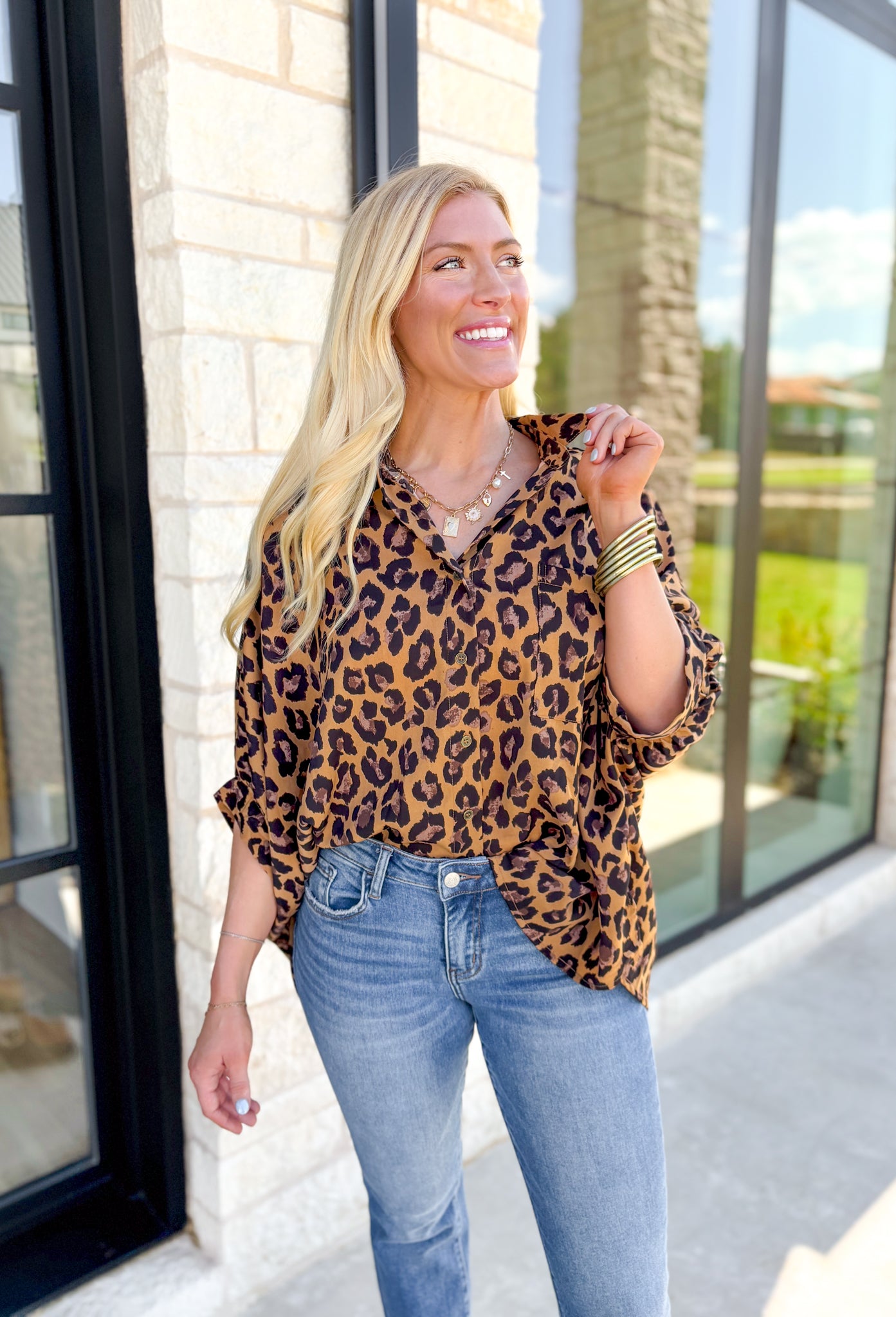 Meant For You Leopard Top, leopard dulman sleeve button down blouse