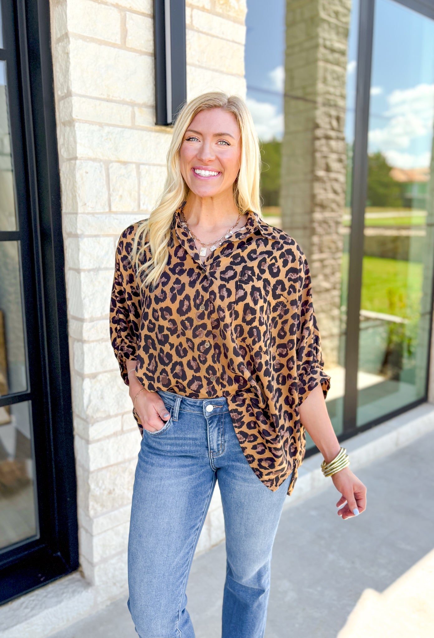 Meant For You Leopard Top, leopard dulman sleeve button down blouse