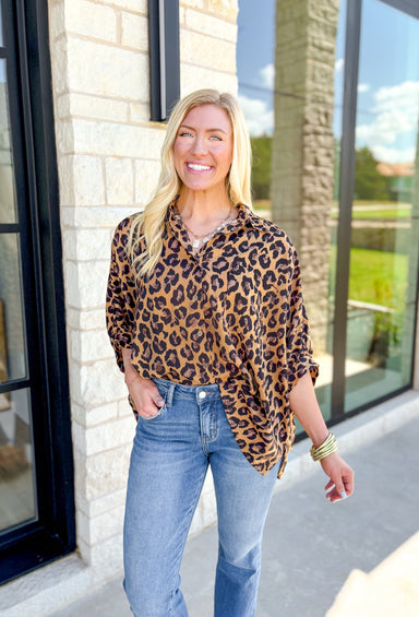 Meant For You Leopard Top, leopard dulman sleeve button down blouse