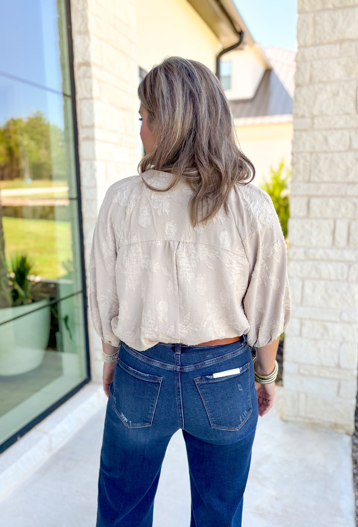 Moments Together Top, taupe floral jacquard quarter button down blouse with cinched sleeves and v-neck line 