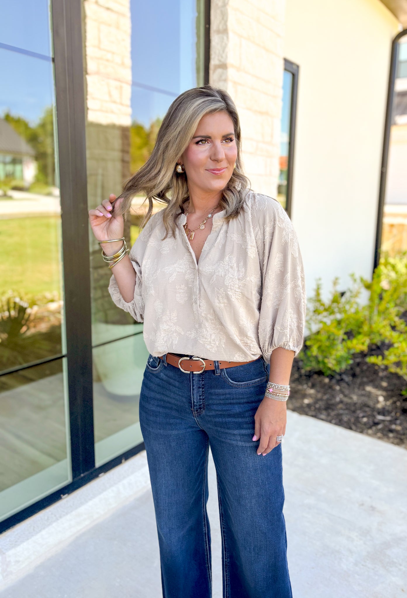 Moments Together Top, taupe floral jacquard quarter button down blouse with cinched sleeves and v-neck line 