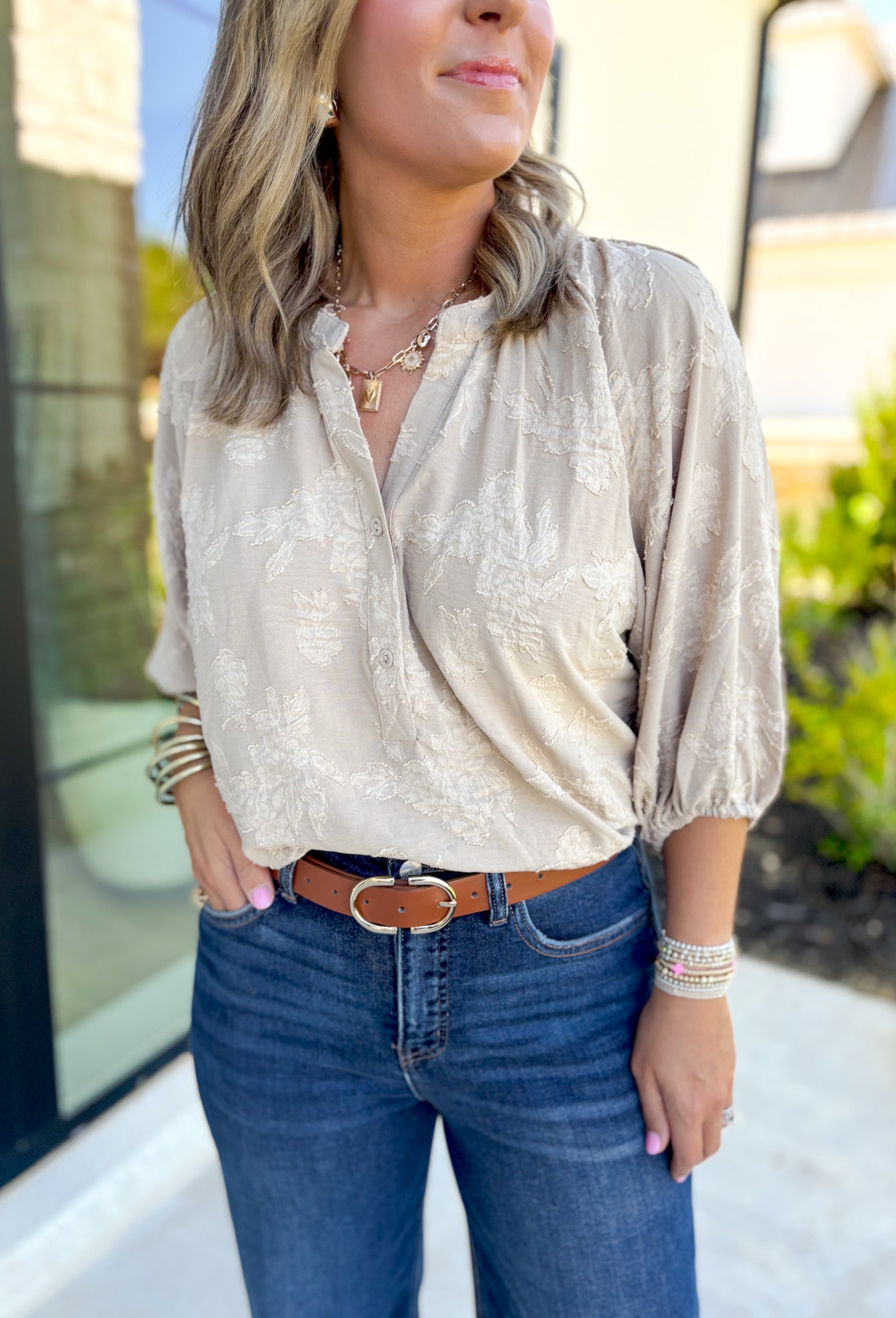 Moments Together Top, taupe floral jacquard quarter button down blouse with cinched sleeves and v-neck line 