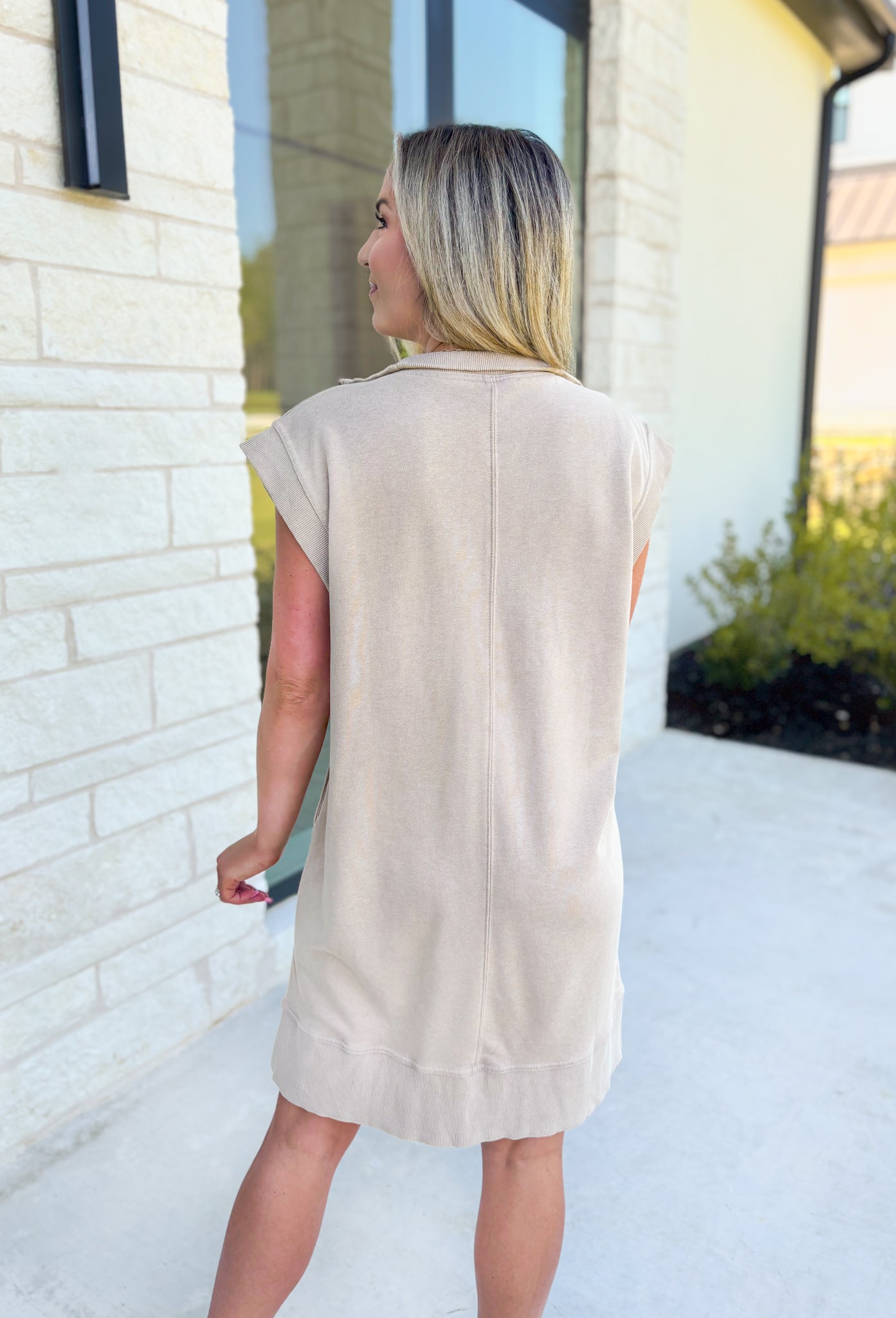 Move On Over Dress in Mocha, quarter zip cap sleeve dress with pockets