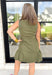 New Chapter Dress in Olive, sleeveless full zip olive green "athletic dress", tiered, large pockets, with ribbing details on the neckline and sides