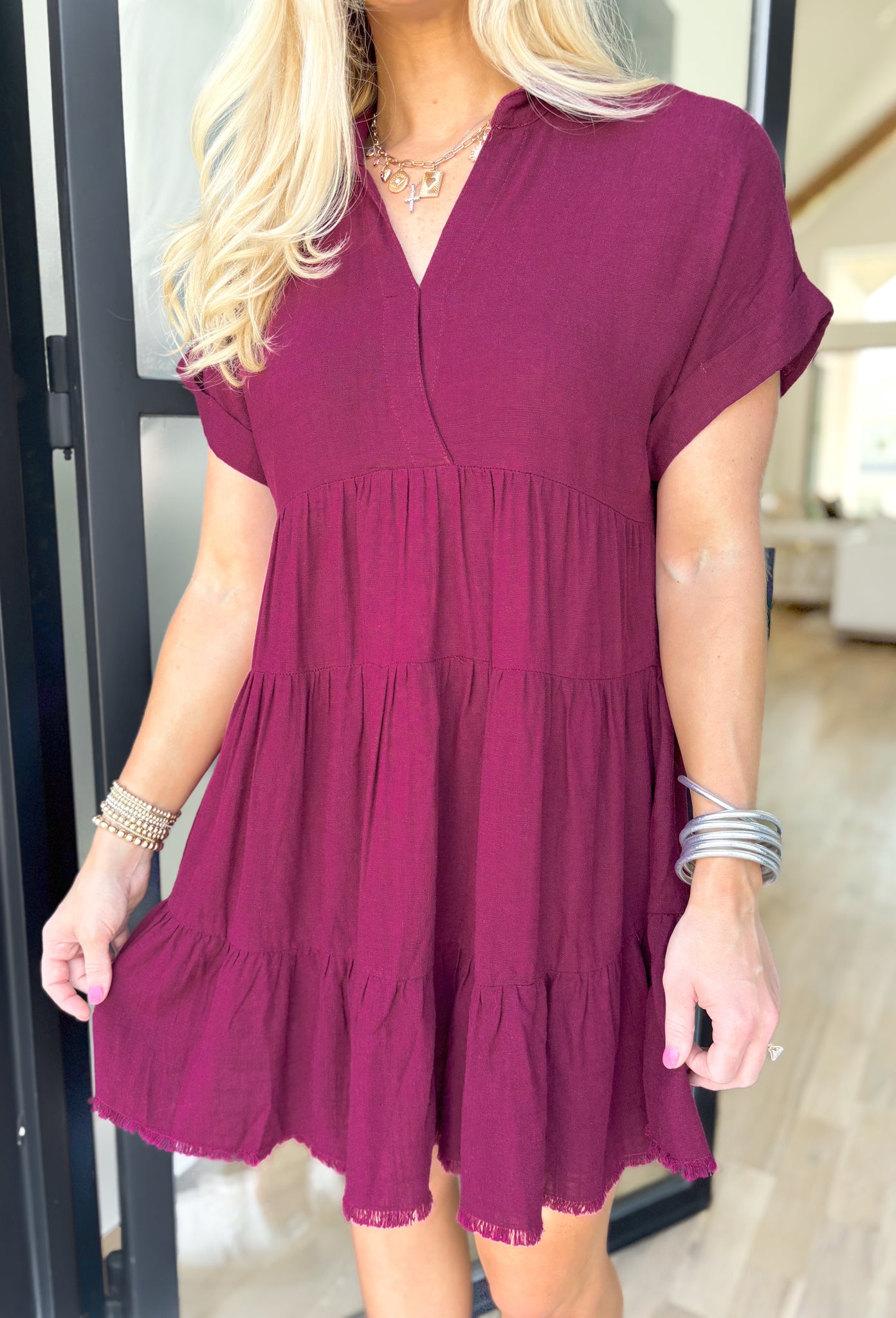 Nikoleta Linen Shirtdress in Merlot, short sleeve soft v-neck dress with tiering and frayed hem