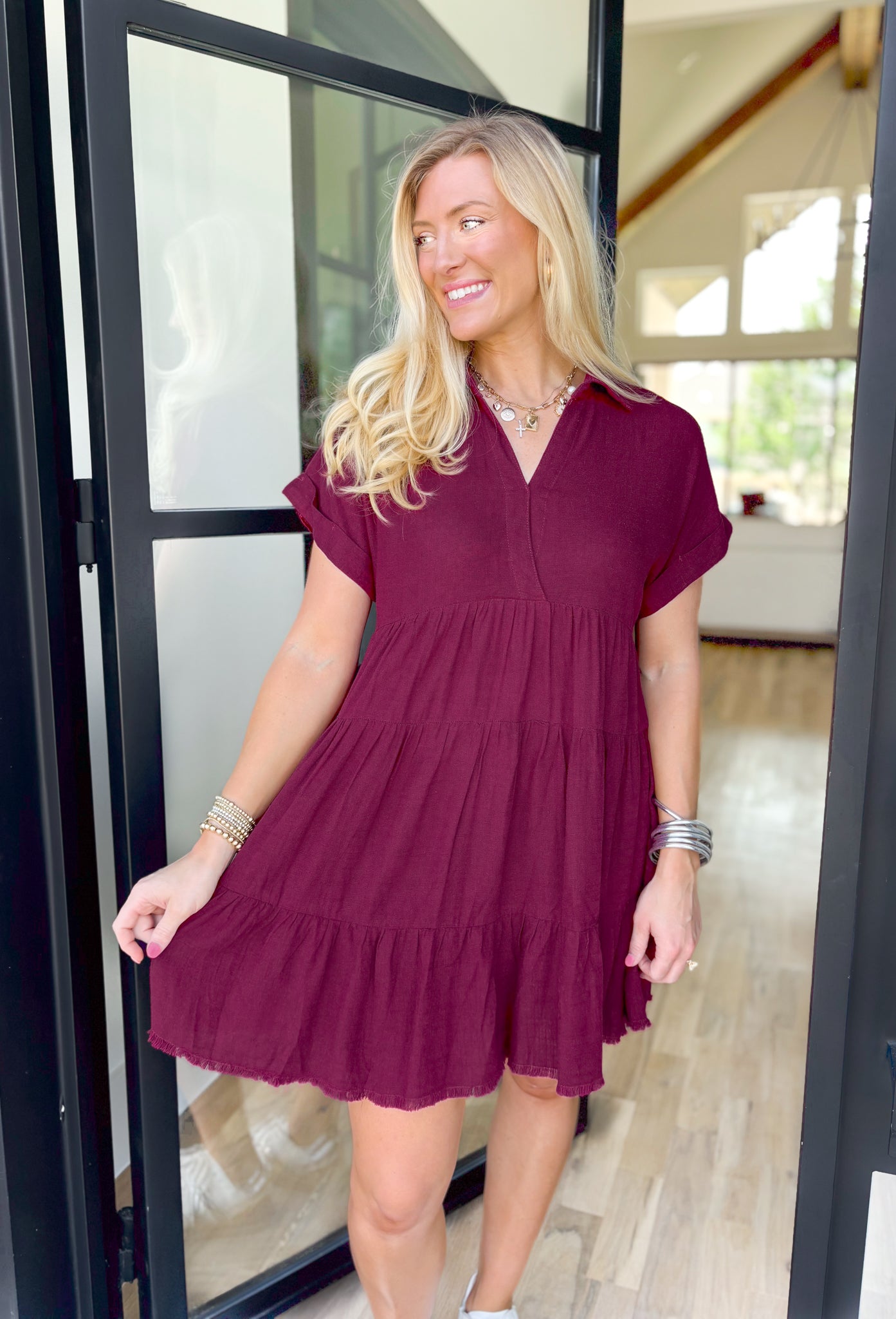 Nikoleta Linen Shirtdress in Merlot, short sleeve soft v-neck dress with tiering and frayed hem