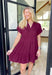 Nikoleta Linen Shirtdress in Merlot, short sleeve soft v-neck dress with tiering and frayed hem