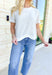 No Doubt Linen Top, washed pale beige linen short sleeve top with white scalloped hem 