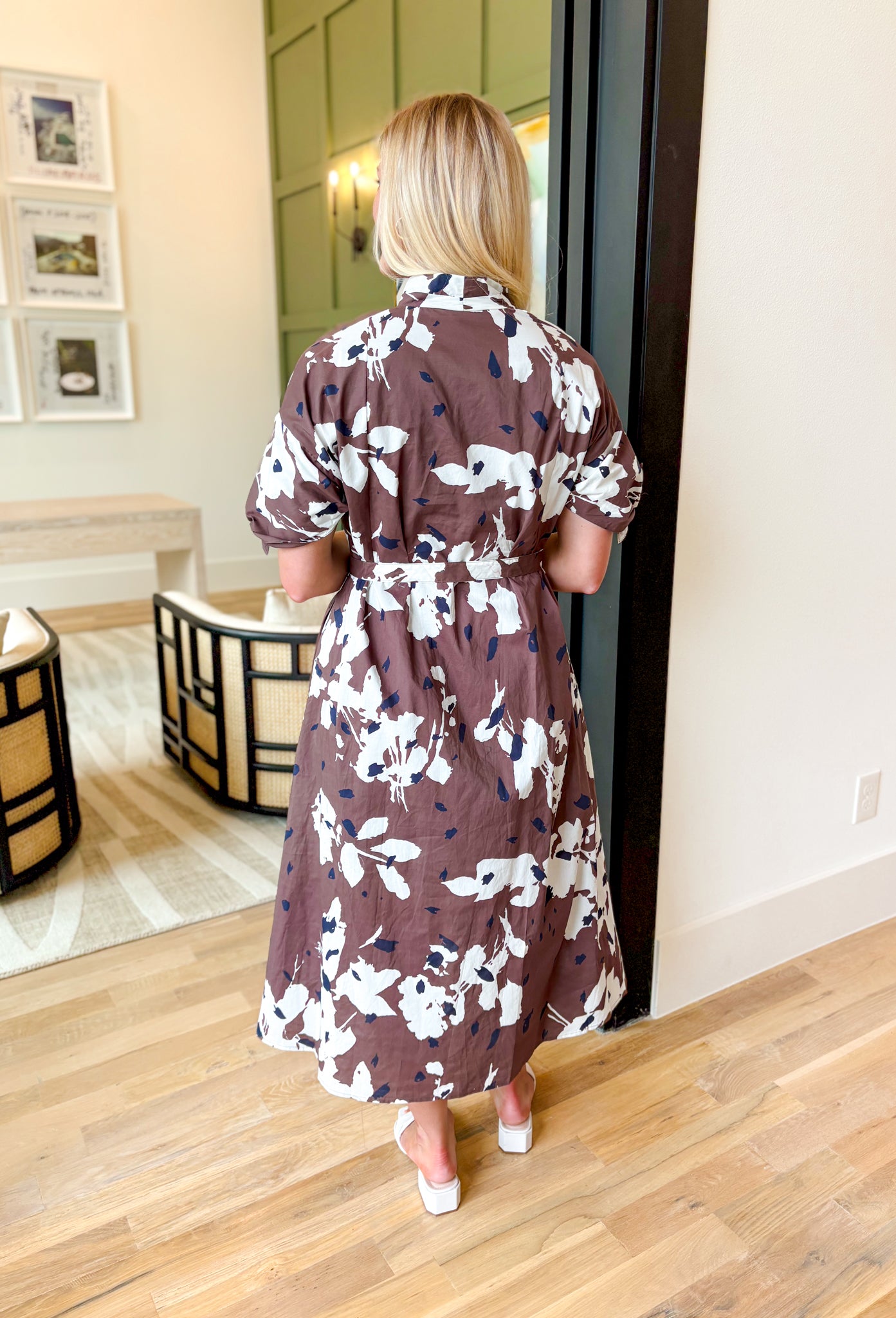 Only Chance Midi Dress, mocha brown short sleeve midi dress with enlarged white and navy floral print, button down detail, pockets, and tie belt