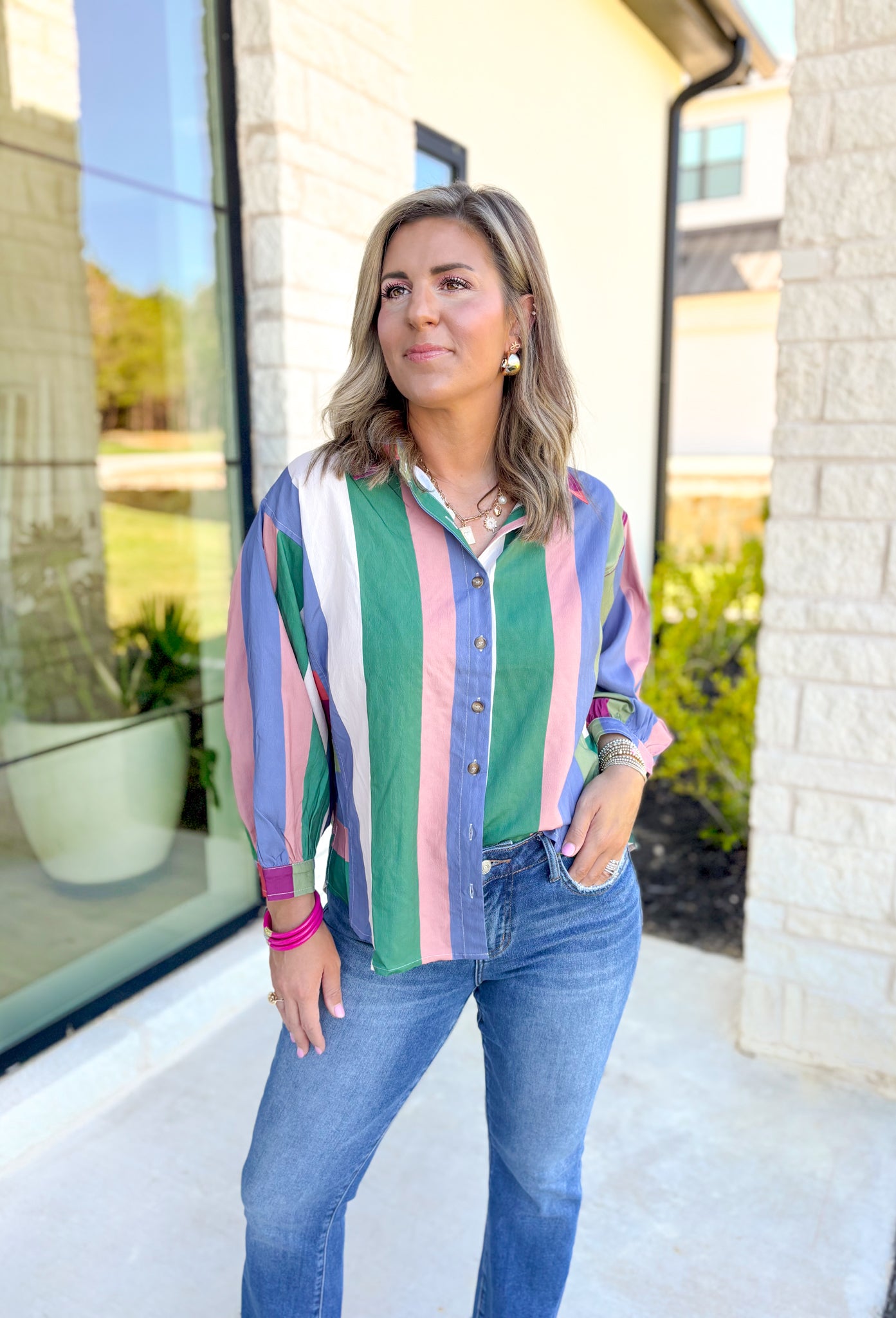 Only Exception Button Up Top, evergreen, light blue, white, salmon, sage, and fuchsia horizontal striped button down long sleeve blouse 