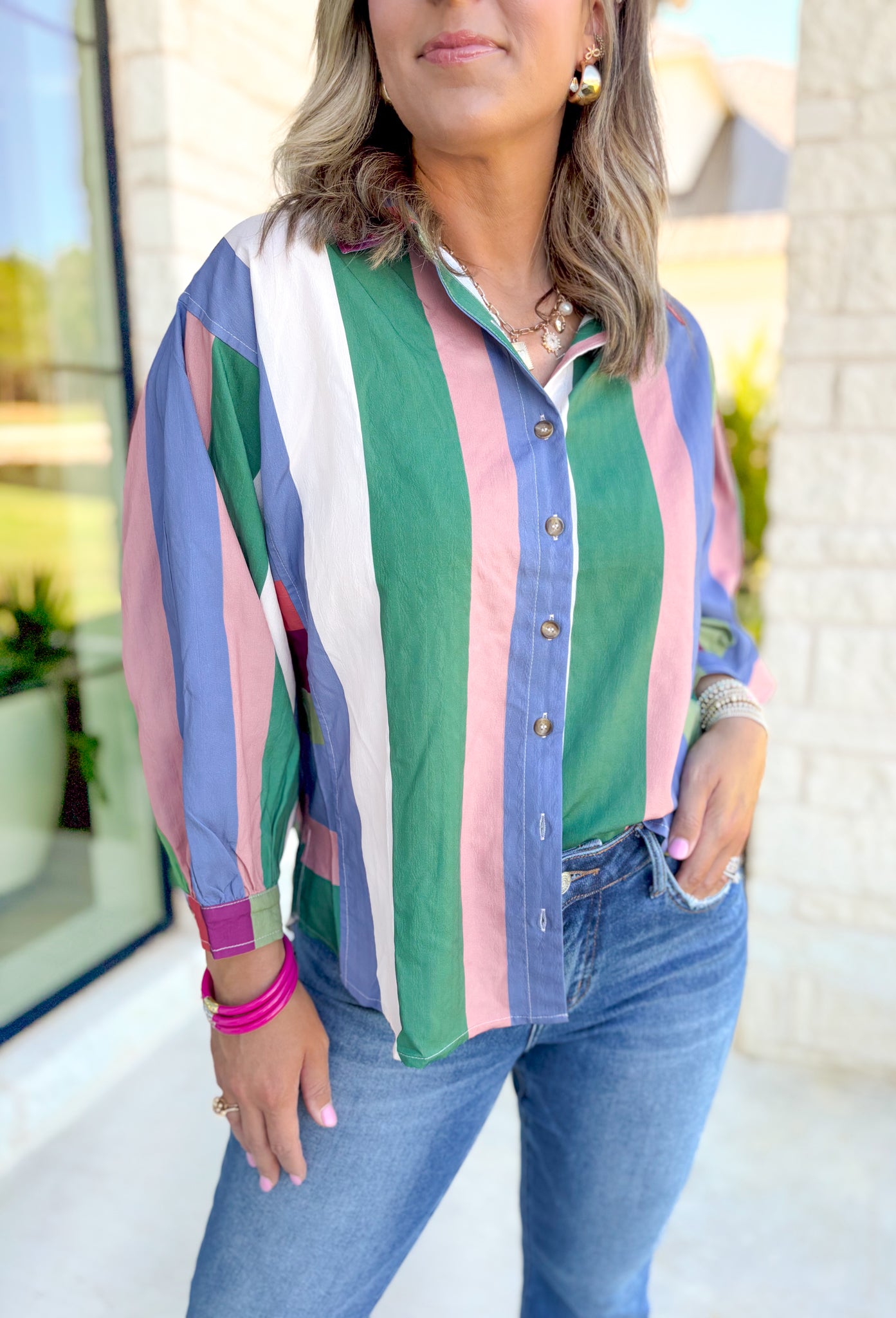 Only Exception Button Up Top, evergreen, light blue, white, salmon, sage, and fuchsia horizontal striped button down long sleeve blouse 