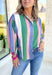 Only Exception Button Up Top, evergreen, light blue, white, salmon, sage, and fuchsia horizontal striped button down long sleeve blouse 