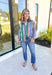 Only Exception Button Up Top, evergreen, light blue, white, salmon, sage, and fuchsia horizontal striped button down long sleeve blouse 