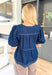 Remember That Time Denim Top, puff sleeve dark denim baby doll styled blouse with light colored stitching 