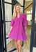 Romance Awaits Dress, fuchsia quarters sleeve dress with monochromatic leaves printed on it with floral embroidery on the chest