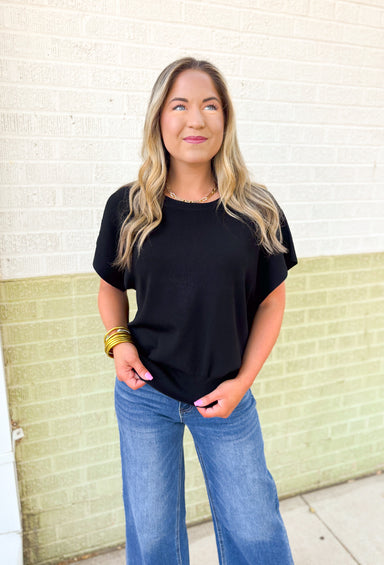 Rylee Top by Dreamers in Black, short sleeve knit top in black 