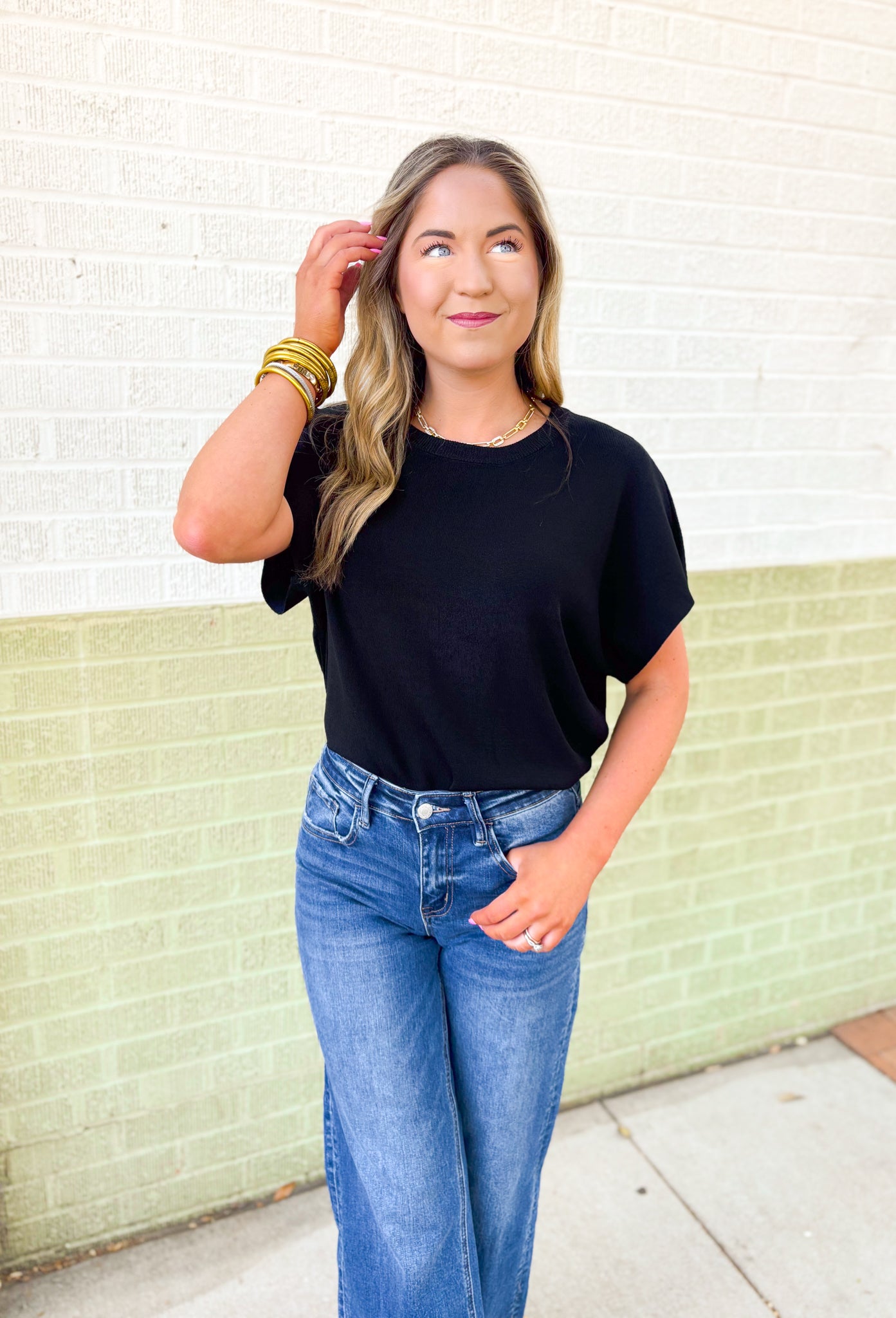 Rylee Top by Dreamers in Black, short sleeve knit top in black 