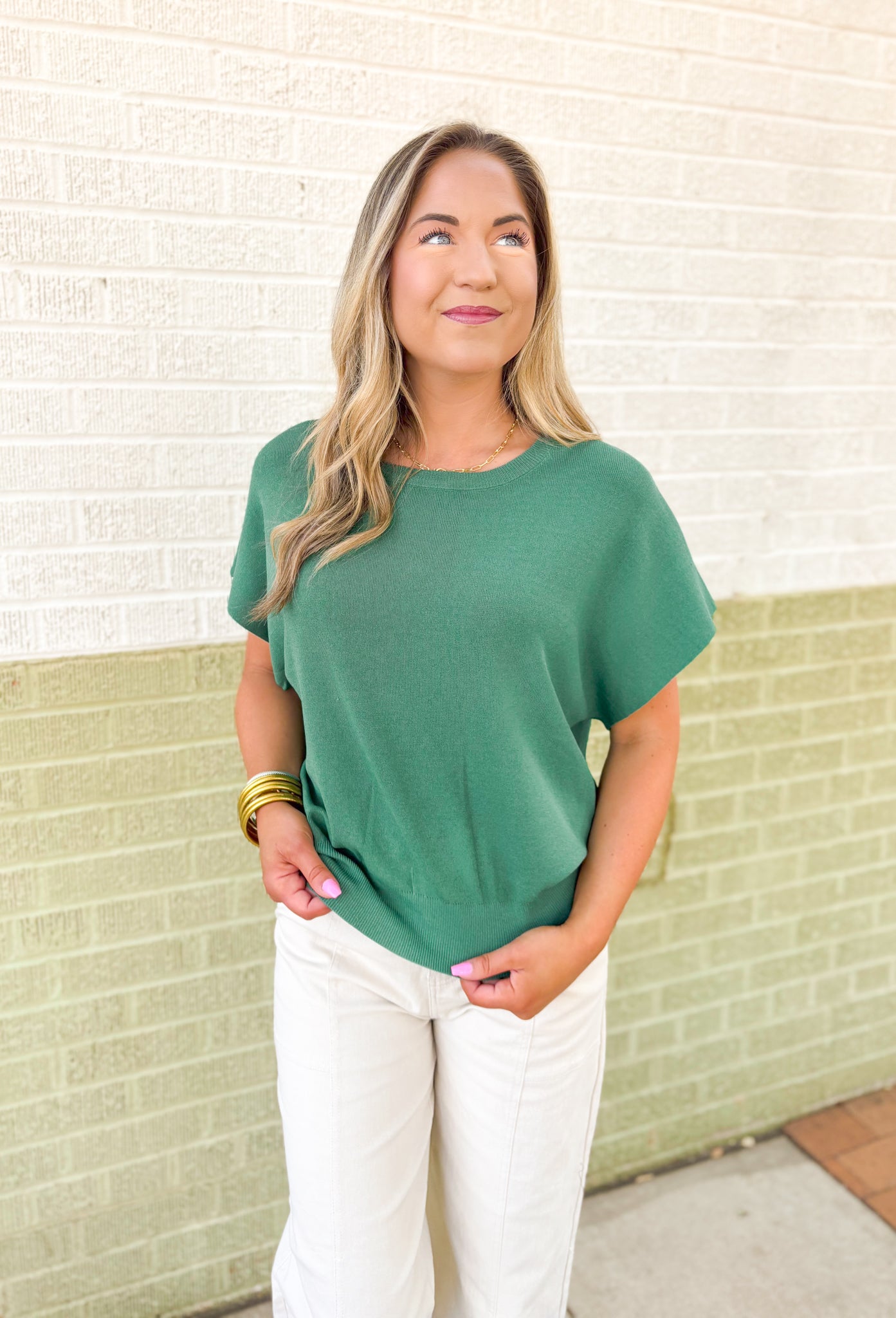 Rylee Top by Dreamers in Hunter Green, short sleeve knit top in a cool tone green  