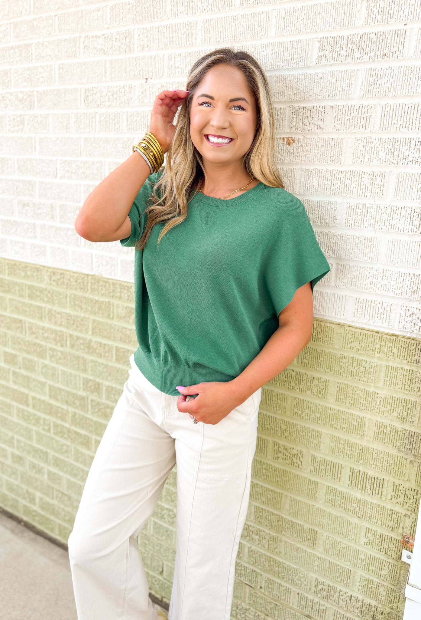 Rylee Top by Dreamers in Hunter Green, short sleeve knit top in a cool tone green  