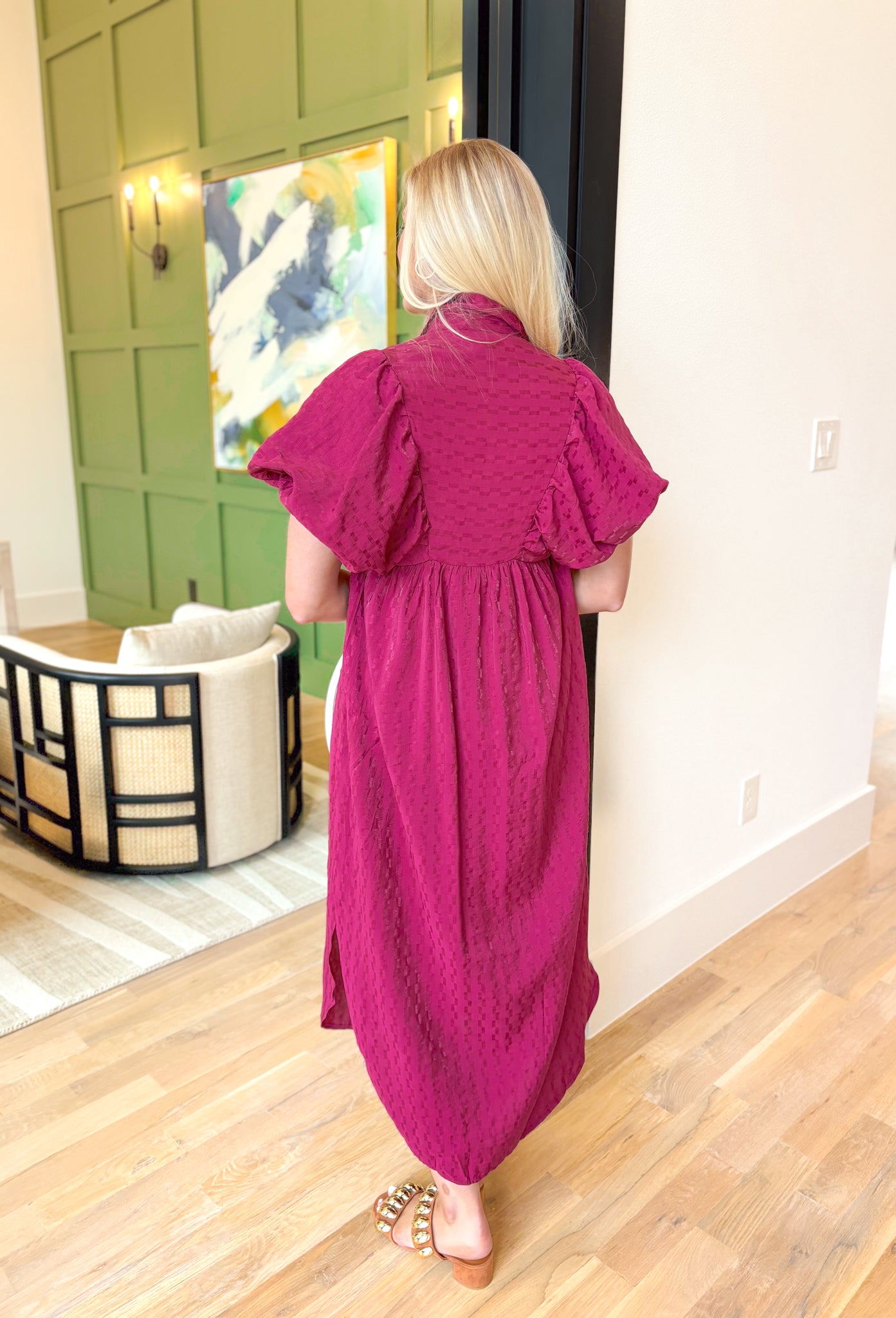 Save Your Breath Midi Dress, berry puff sleeve button down midi dress with smocking on the v-neck line of the dress