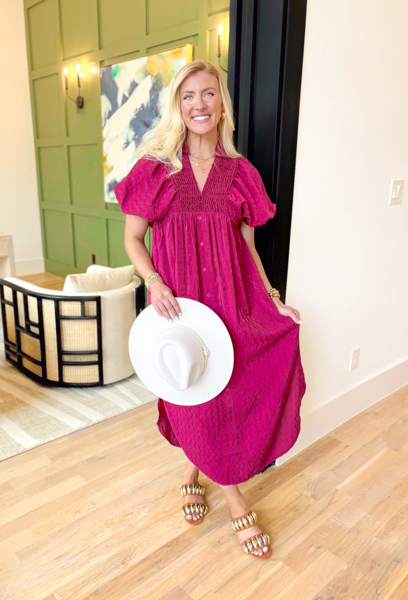 Save Your Breath Midi Dress, berry puff sleeve button down midi dress with smocking on the v-neck line of the dress