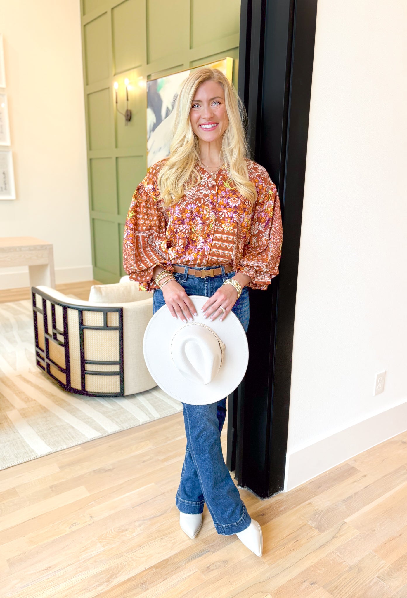 Secret Oasis Floral Blouse, burnt orange quarter sleeve button down blouse, ruffling on the sleeve hem, abstract floral/paisley print in lime, purple, lilac, off white, and mustard 