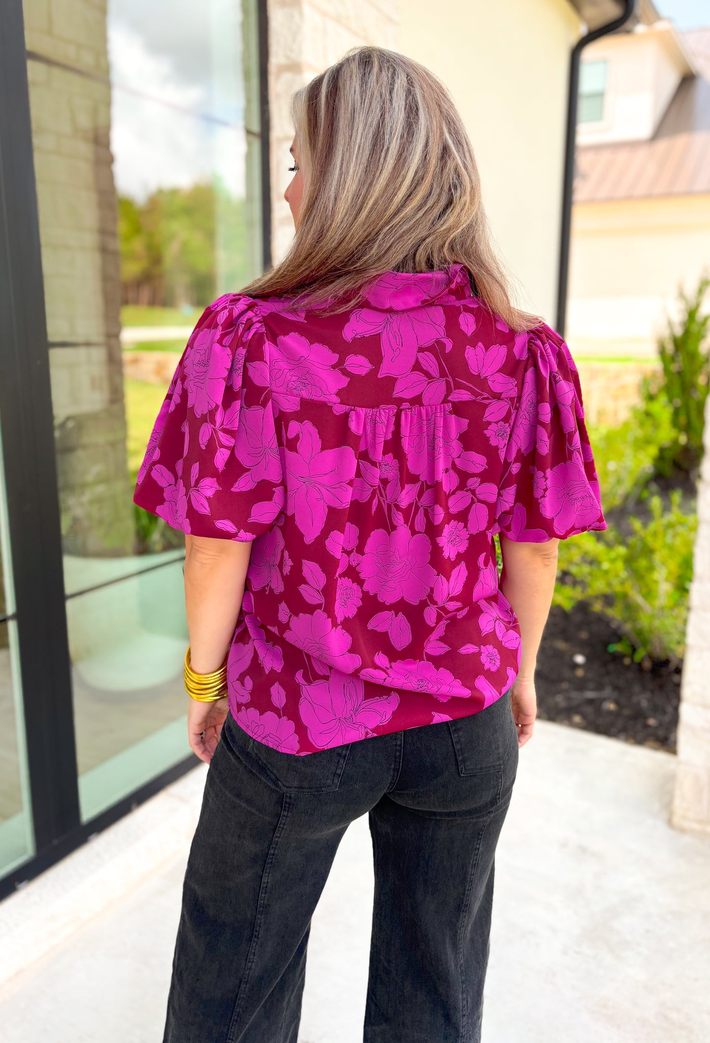 Send My Love Floral Blouse, Short puff sleeve button up floral blouse in a deep red wine and fuchsia 